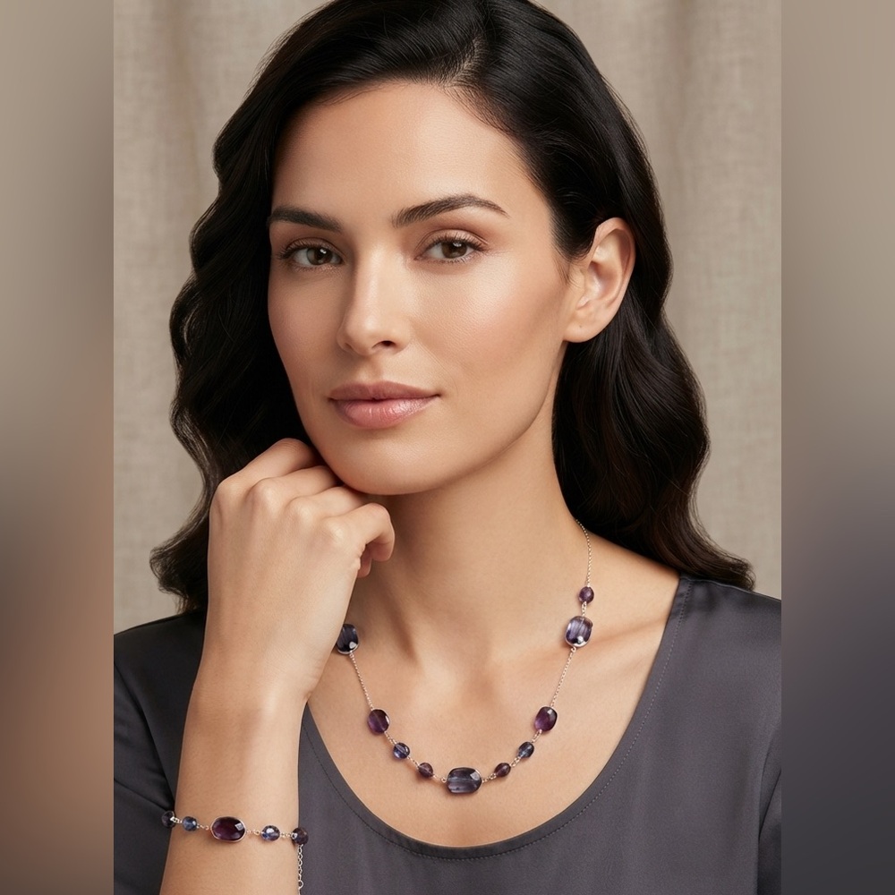 Delicate Purple and Blue Beaded Station Necklace and matching bracelet